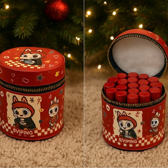 Labubu Other - Labubu Lip Gloss Set with Round Zip Case & Pearl Handle –